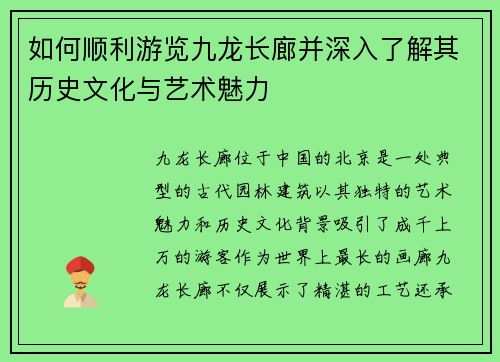 如何顺利游览九龙长廊并深入了解其历史文化与艺术魅力